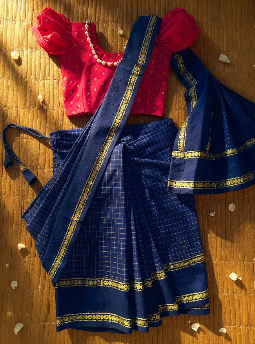 Royal blue with festive pink  - Ready to wear muttukattam cotton silk saree for kids Ethnic wear for baby girl