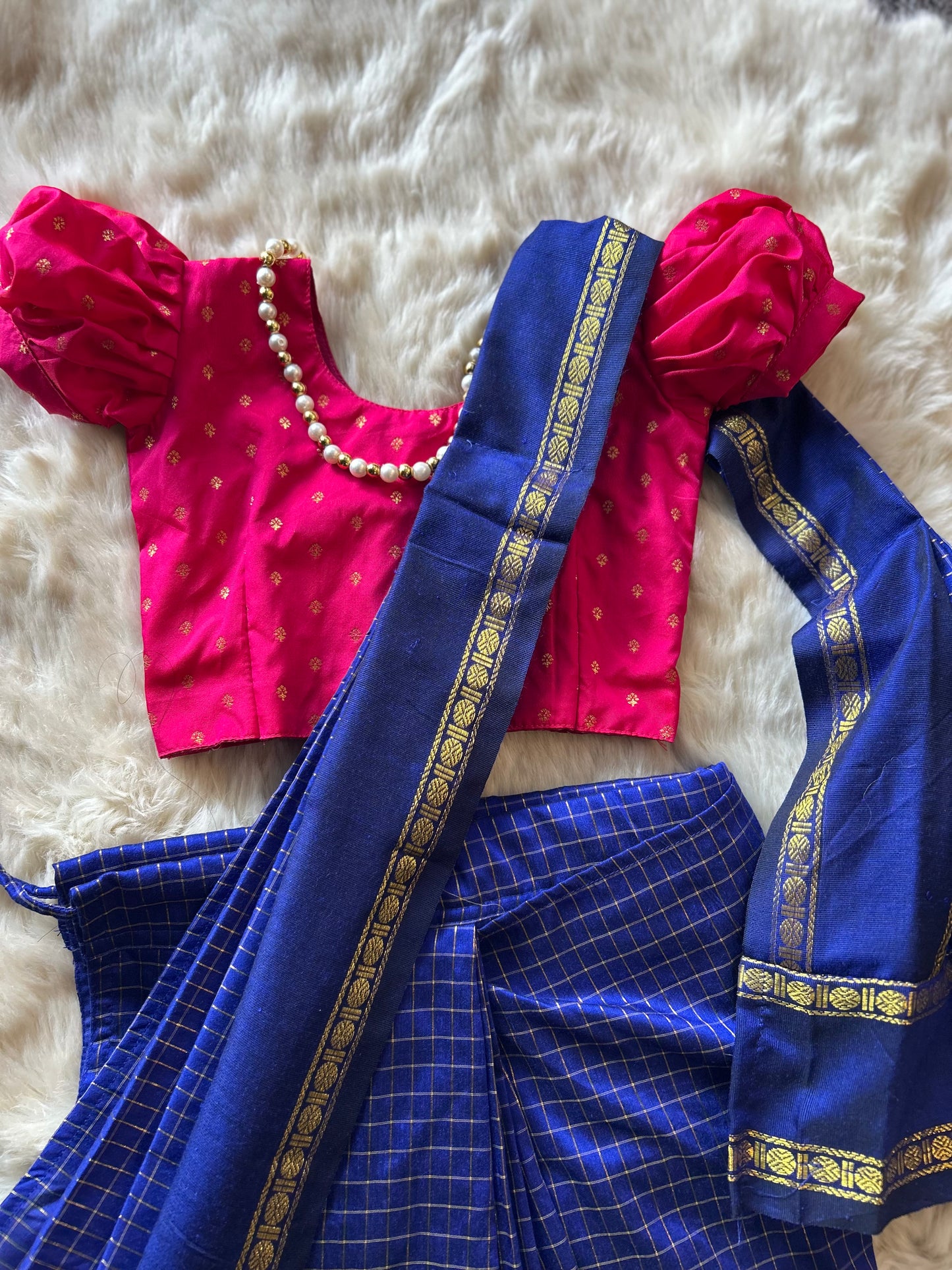 Royal blue with festive pink  - Ready to wear muttukattam cotton silk saree for kids Ethnic wear for baby girl