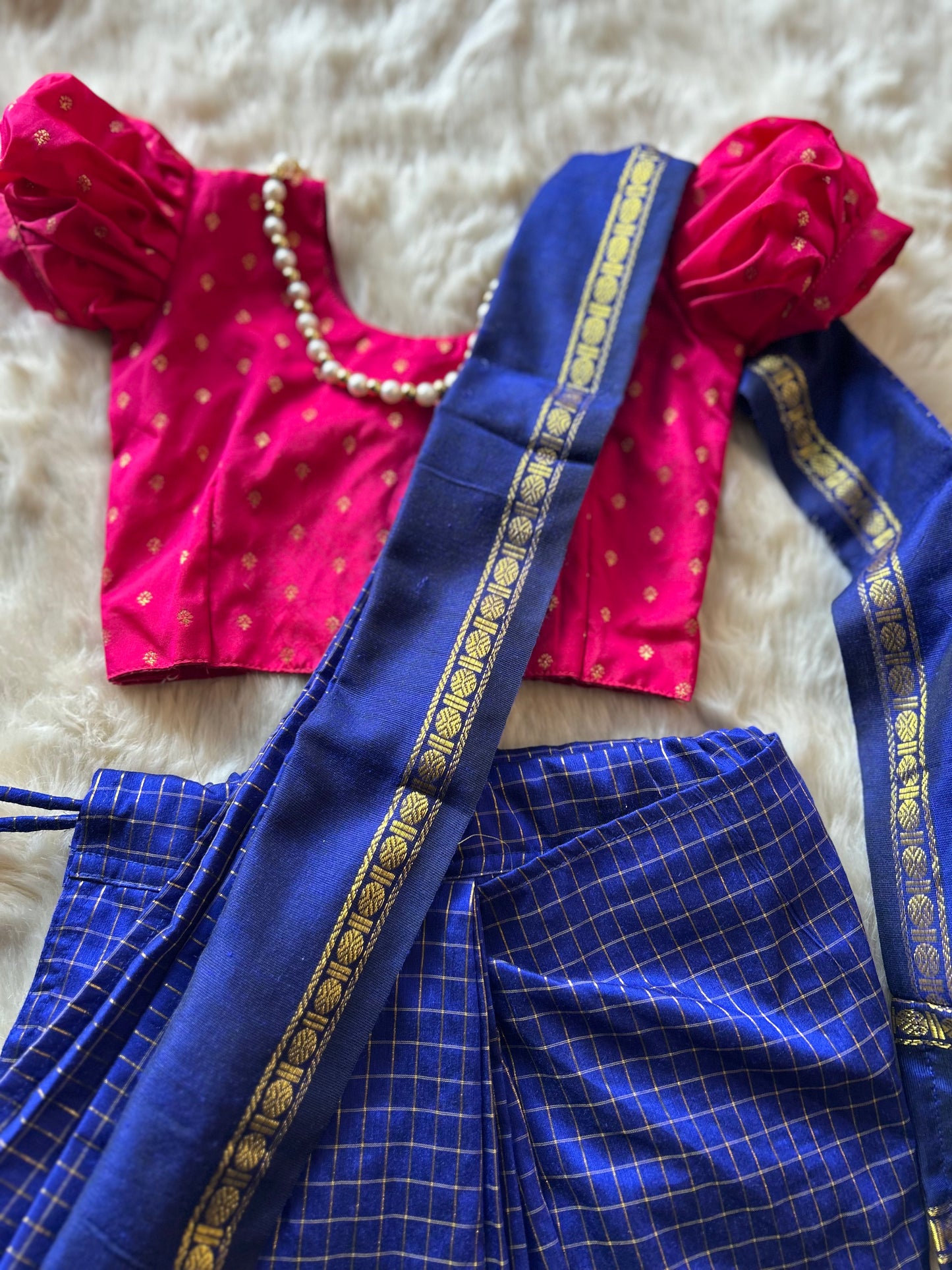 Royal blue with festive pink  - Ready to wear muttukattam cotton silk saree for kids Ethnic wear for baby girl