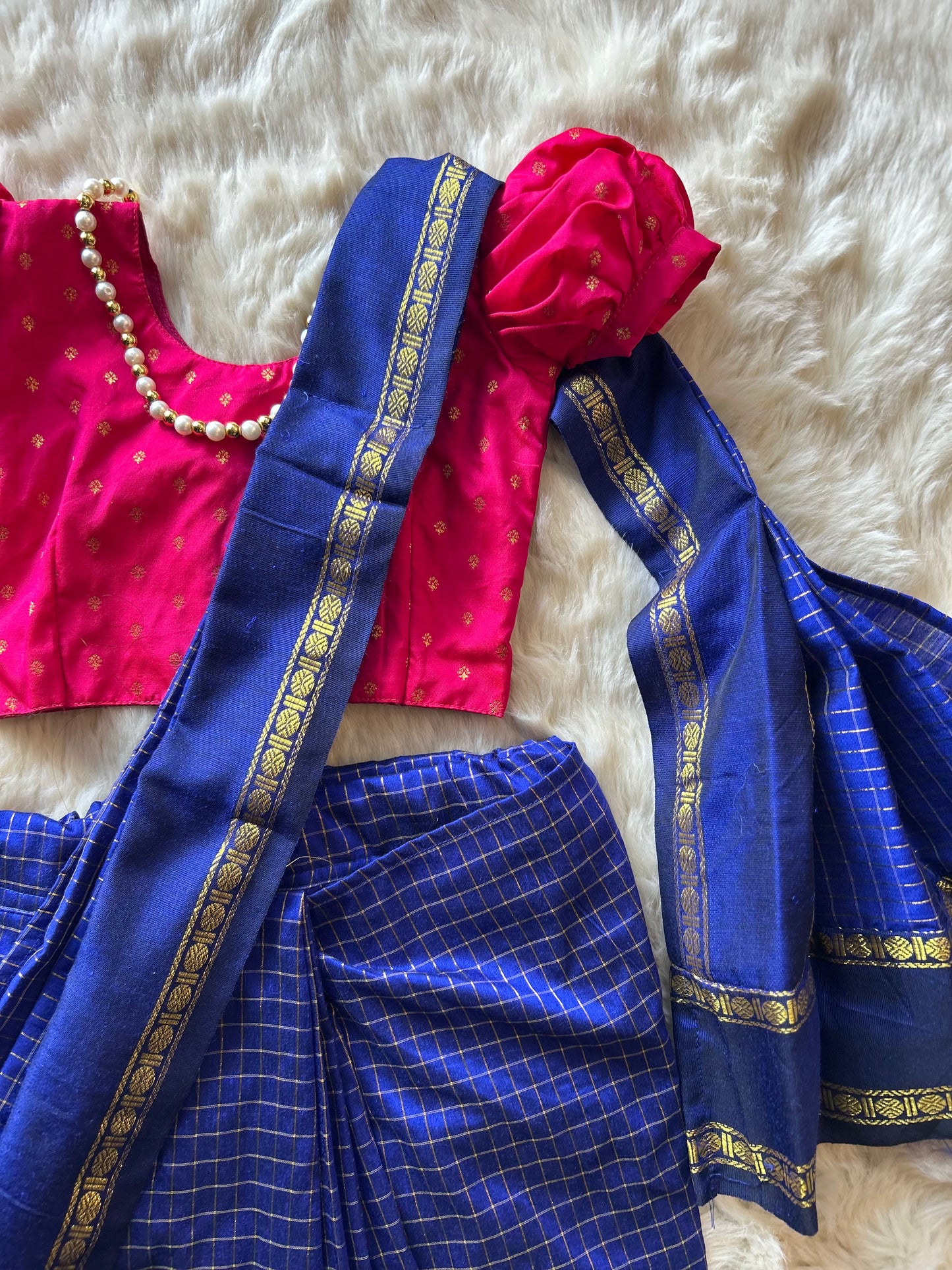 Royal blue with festive pink  - Ready to wear muttukattam cotton silk saree for kids Ethnic wear for baby girl