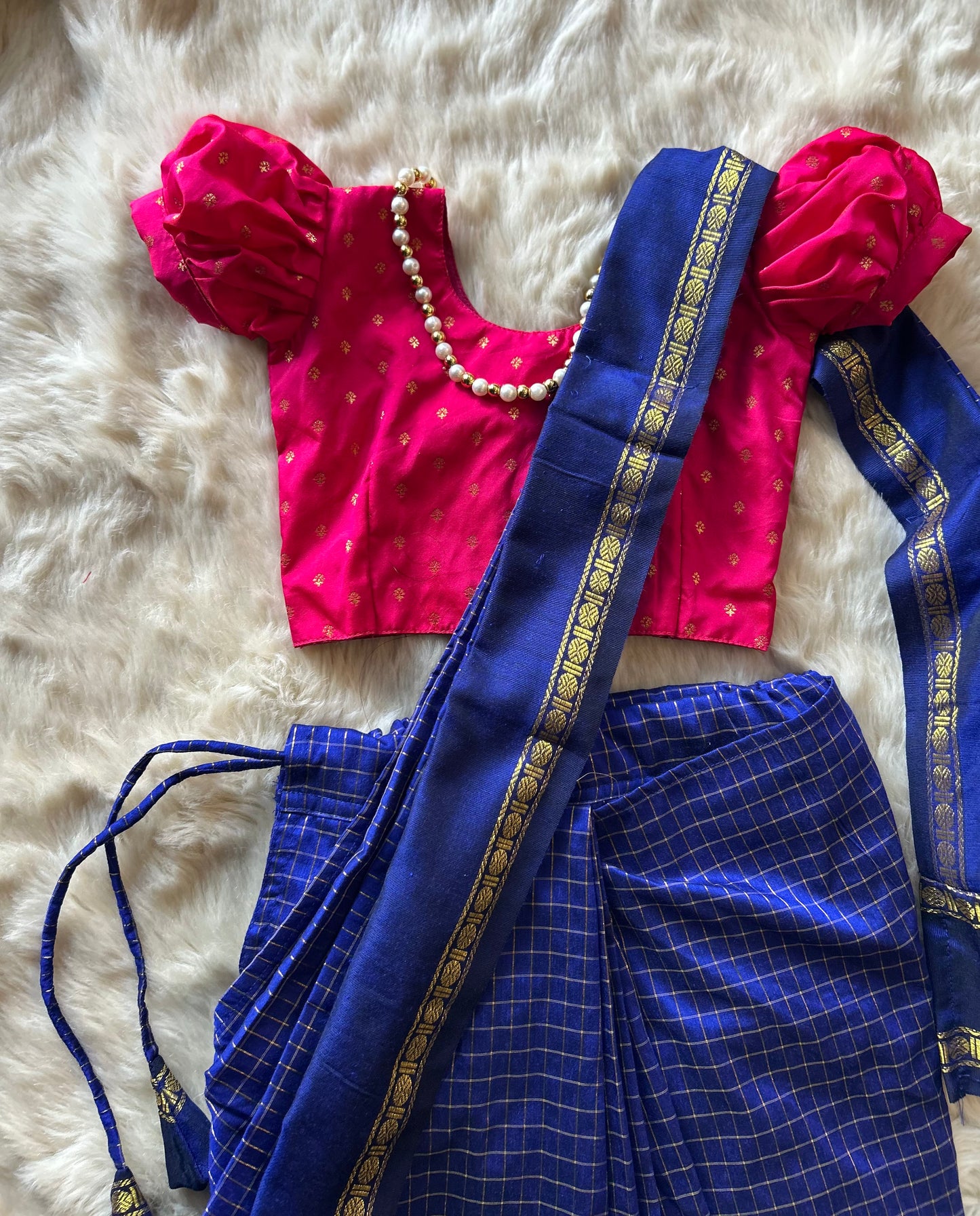 Royal blue with festive pink  - Ready to wear muttukattam cotton silk saree for kids Ethnic wear for baby girl