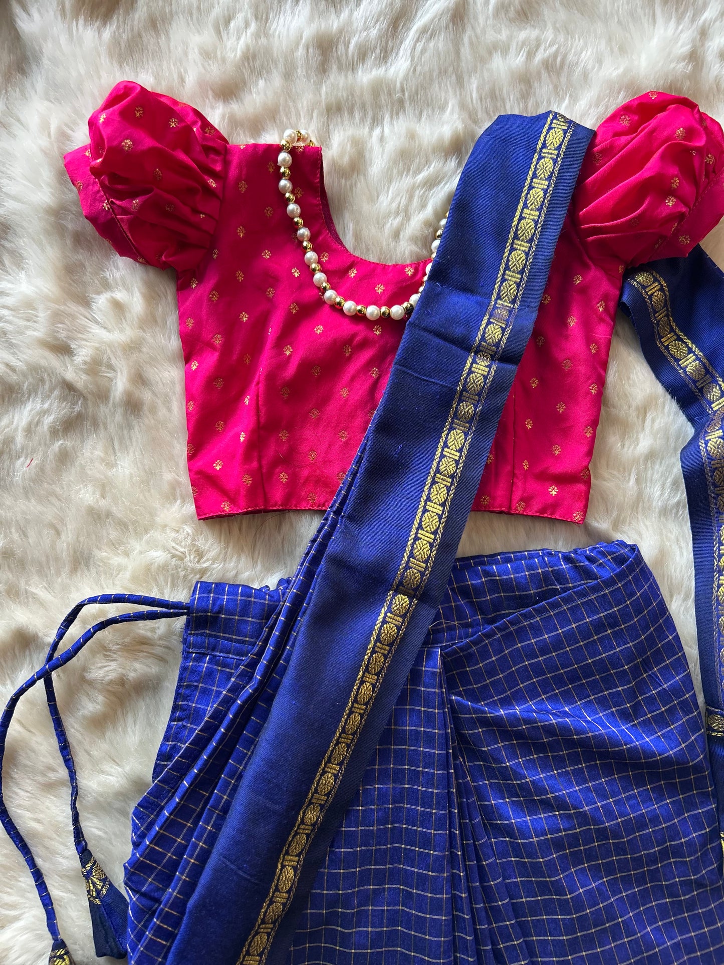 Royal blue with festive pink  - Ready to wear muttukattam cotton silk saree for kids Ethnic wear for baby girl