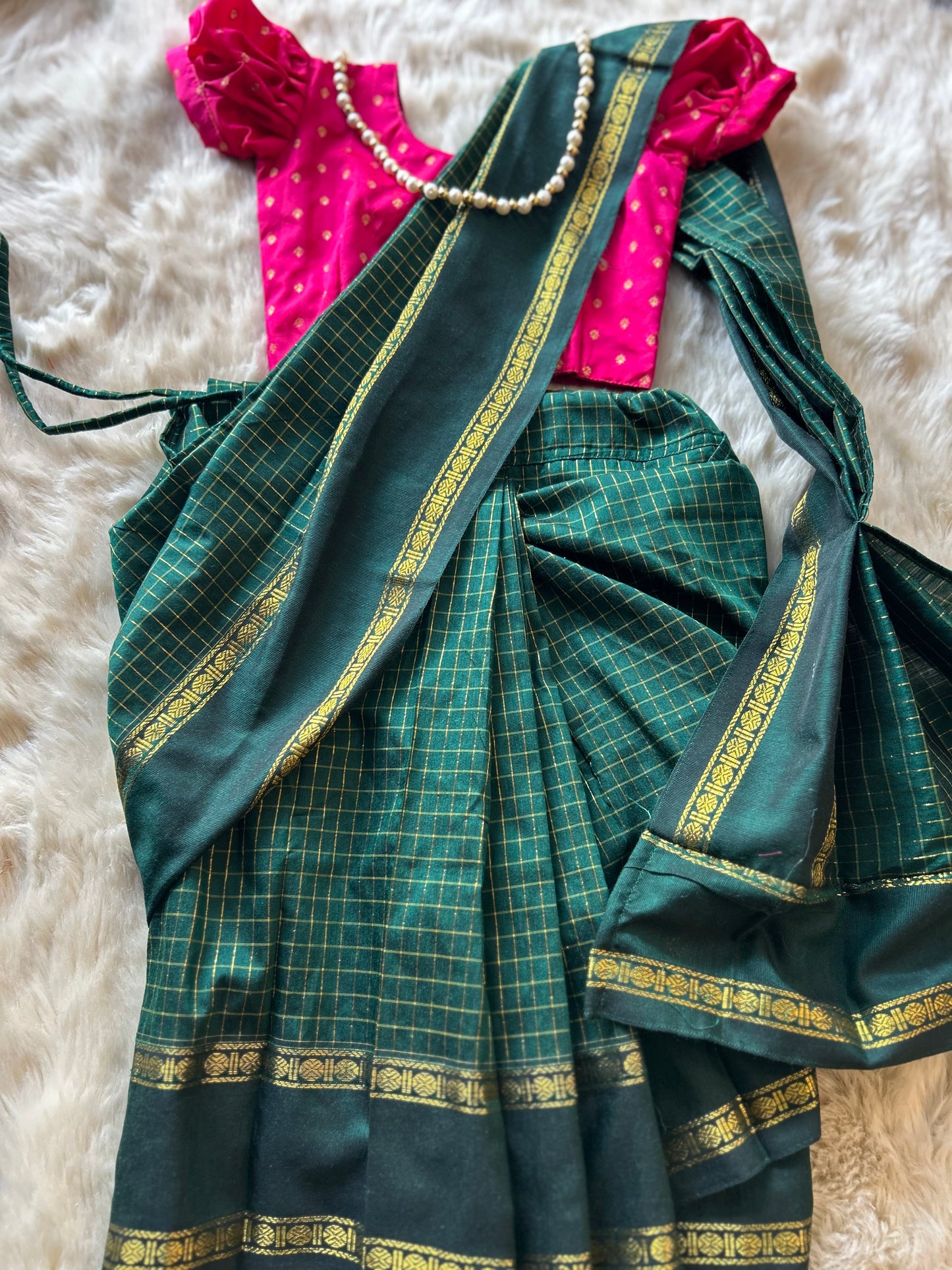 Bottle green with festive pink  - Ready to wear muttukattam cotton silk saree for kids Ethnic wear for baby girl