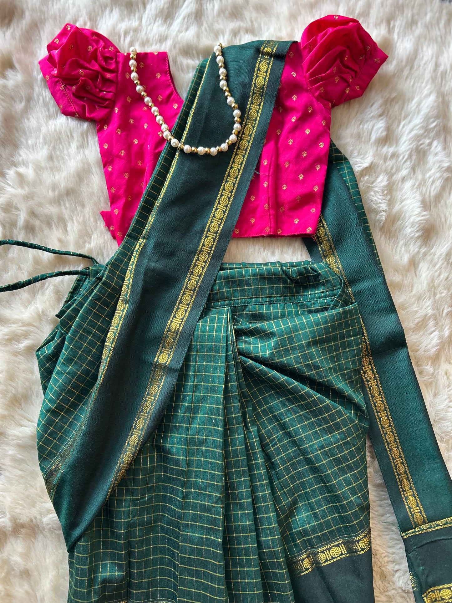 Bottle green with festive pink  - Ready to wear muttukattam cotton silk saree for kids Ethnic wear for baby girl