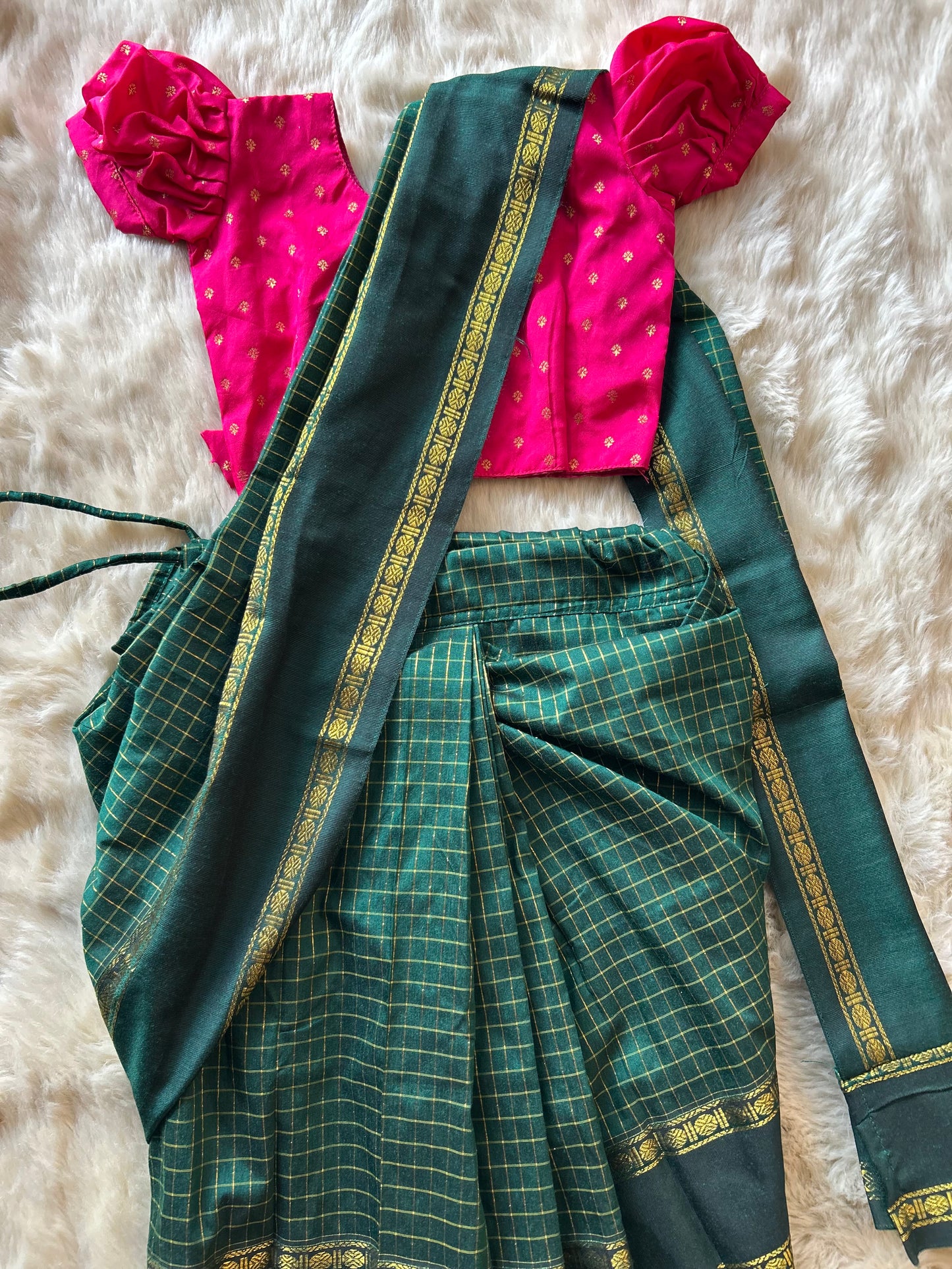 Bottle green with festive pink  - Ready to wear muttukattam cotton silk saree for kids Ethnic wear for baby girl