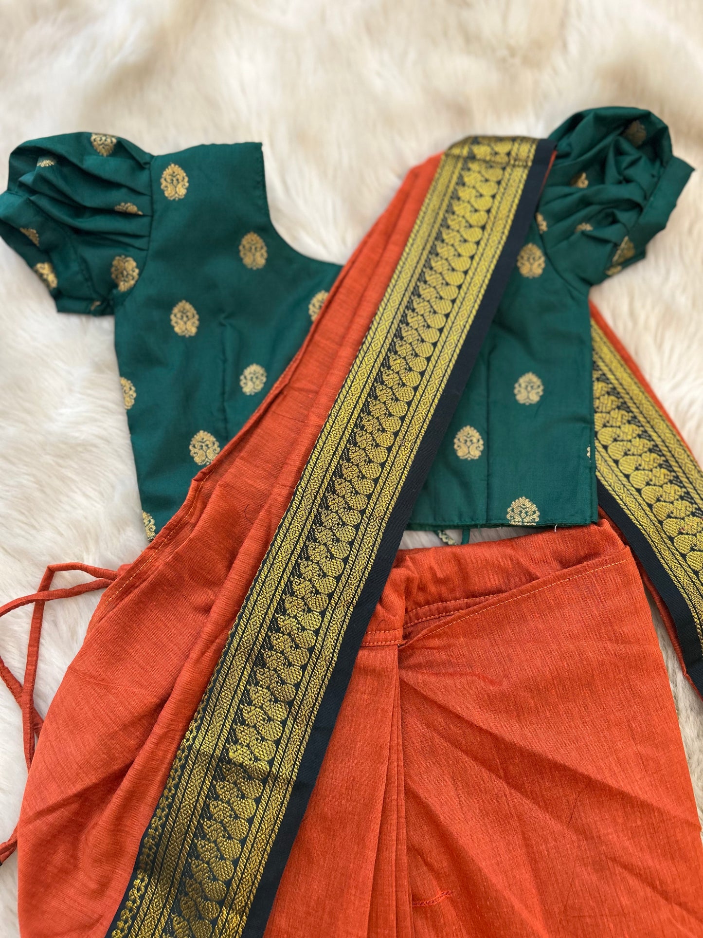 Bottle green with orange - Ready to wear cotton silk saree for kids Ethnic wear for baby