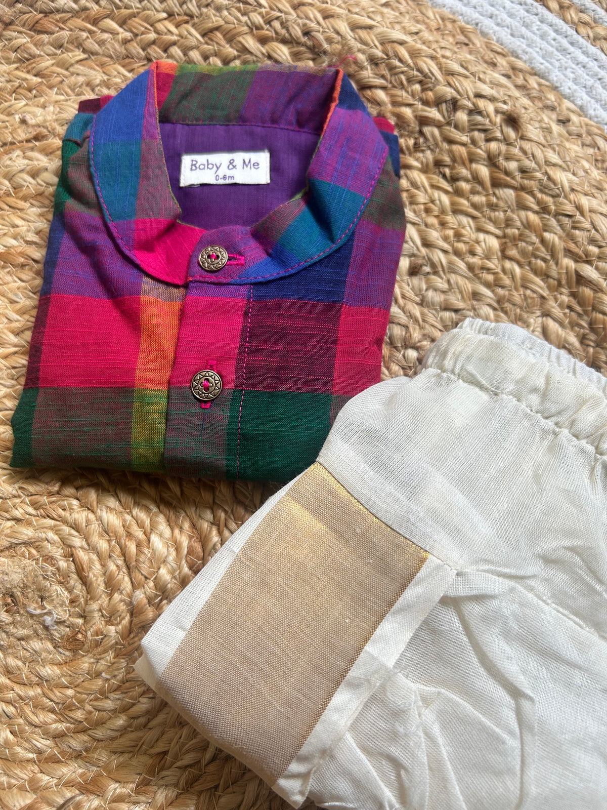 Multi-Check Kurta with Cream Reshme Dhoti ethnic wear for baby boy