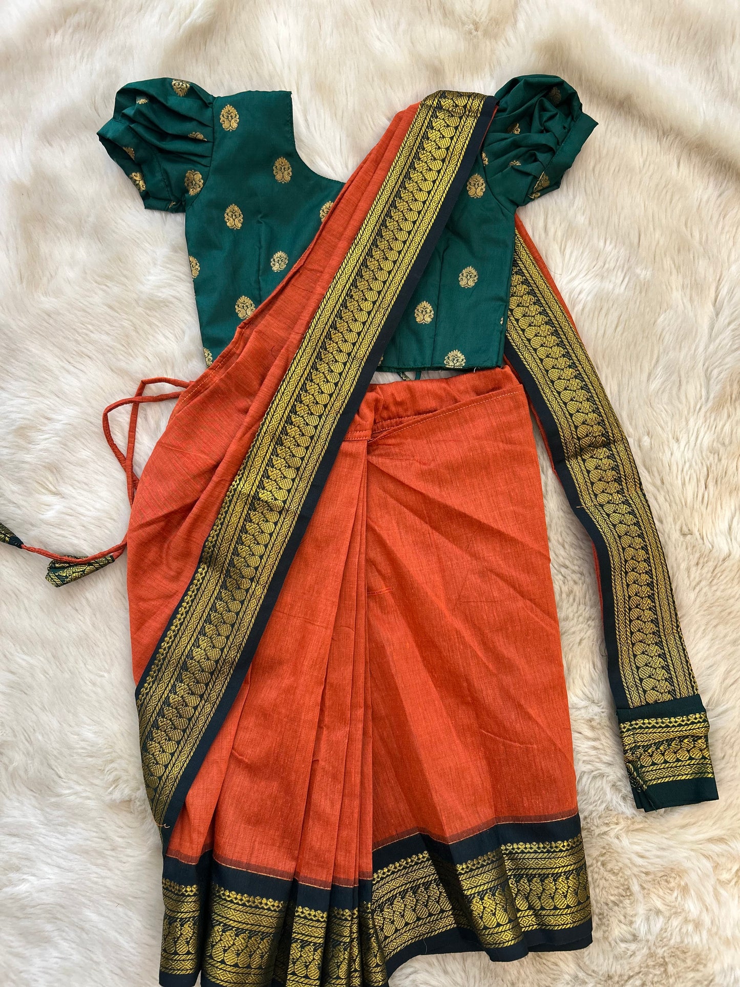 Bottle green with orange - Ready to wear cotton silk saree for kids Ethnic wear for baby