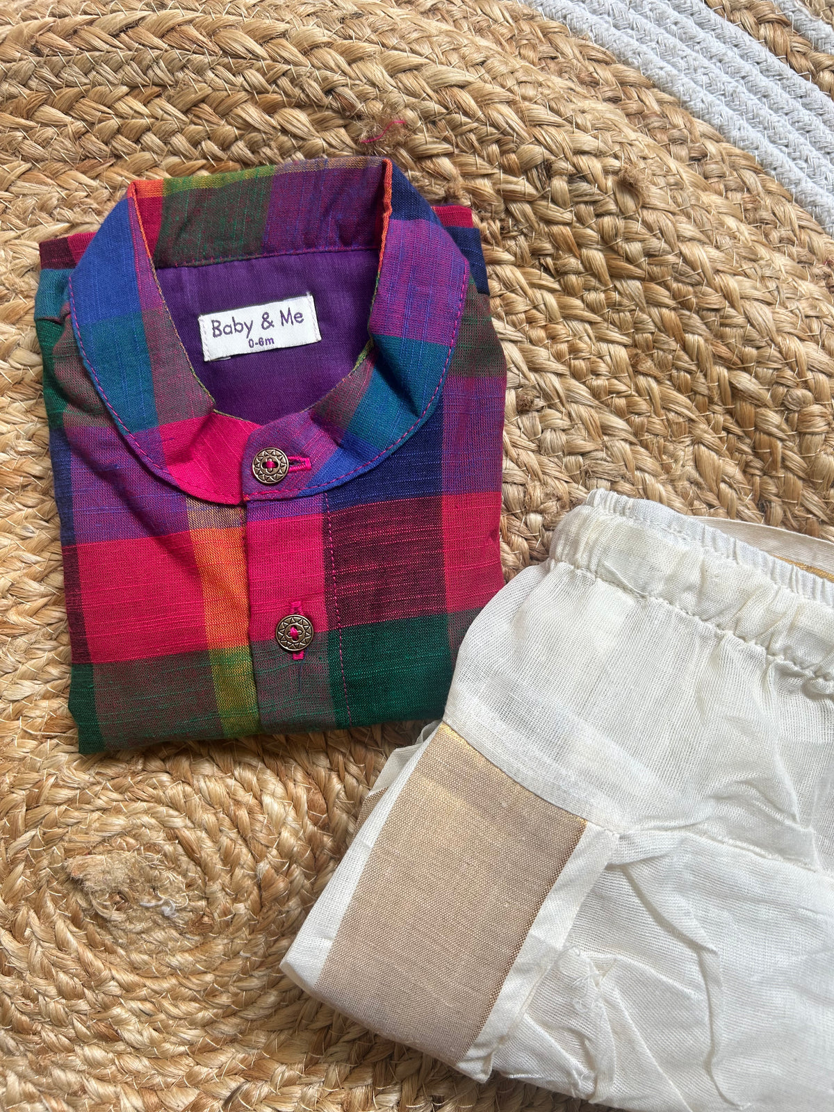 Multi-Check Kurta with Cream Reshme Dhoti ethnic wear for baby boy
