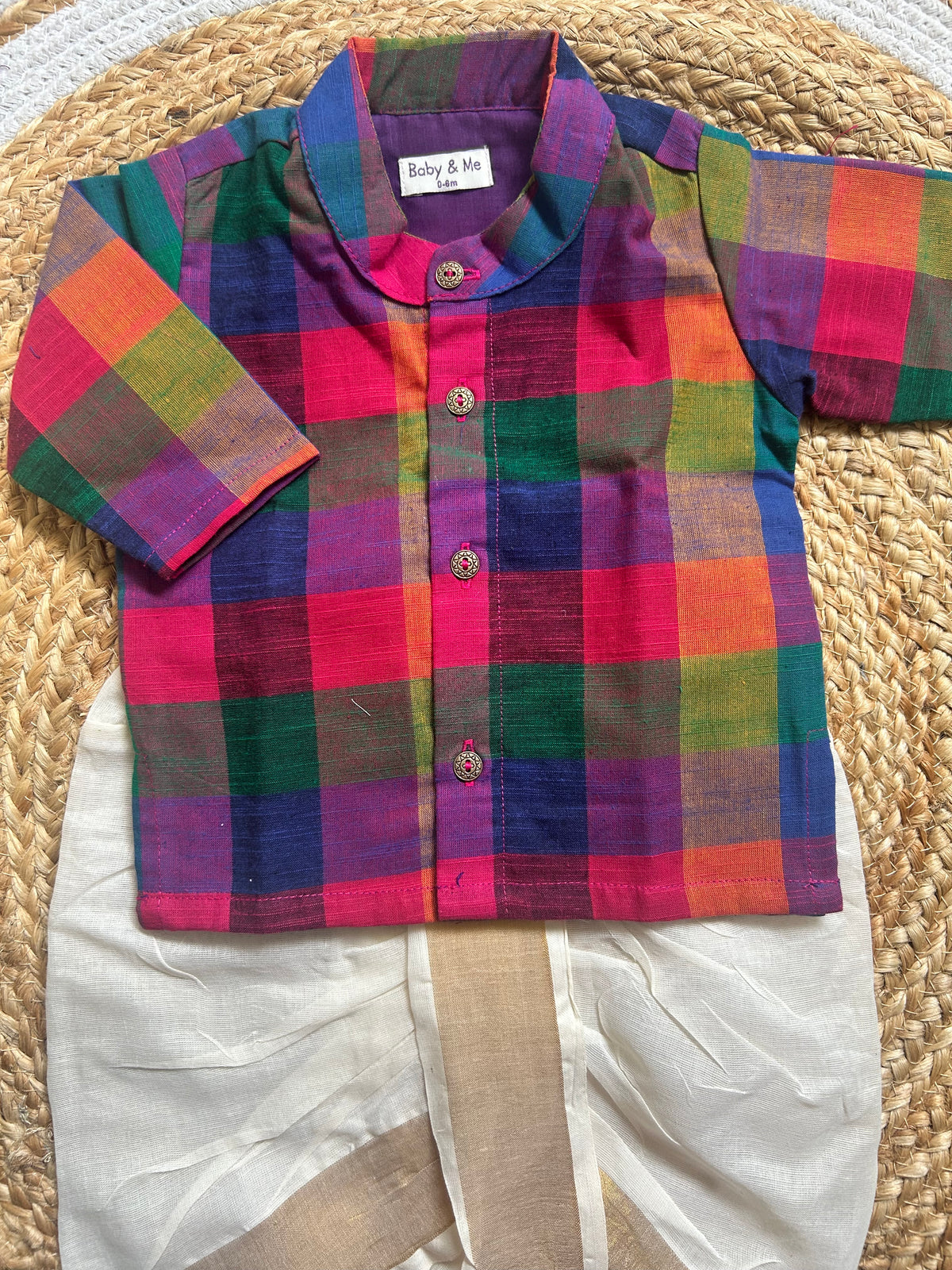 Multi-Check Kurta with Cream Reshme Dhoti ethnic wear for baby boy
