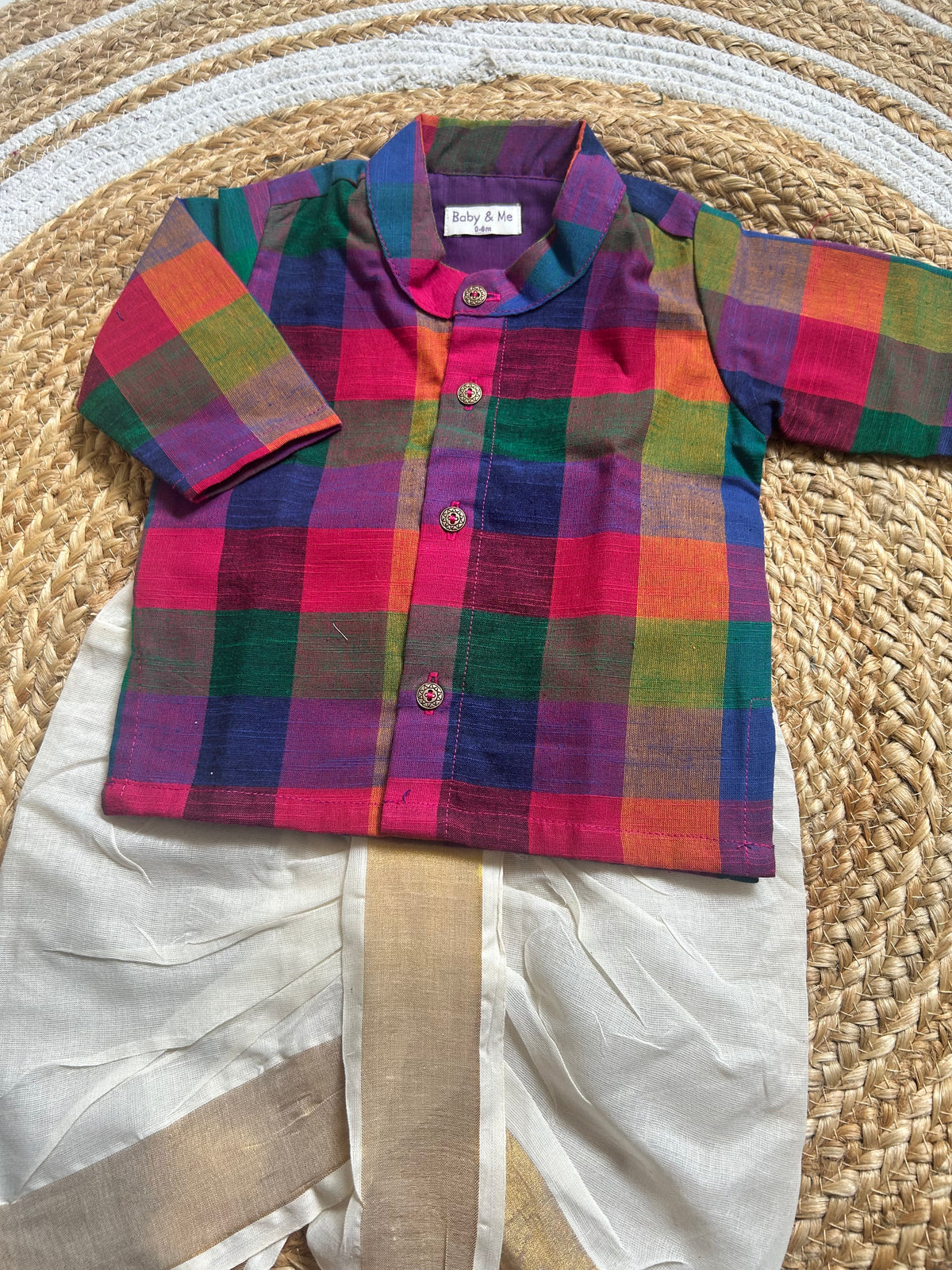 Multi-Check Kurta with Cream Reshme Dhoti ethnic wear for baby boy