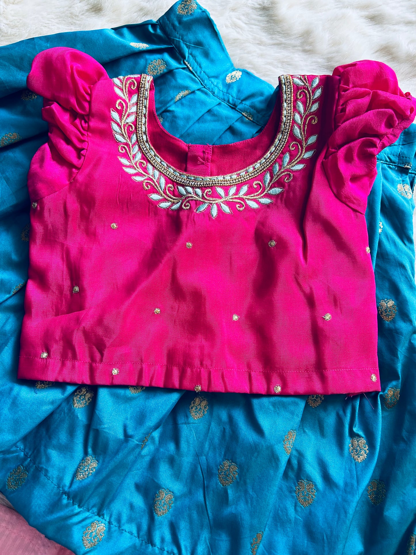 Embroideried pink blouse with blue silk langa for baby girl, ethnic wear pattu pavadai, lehenga