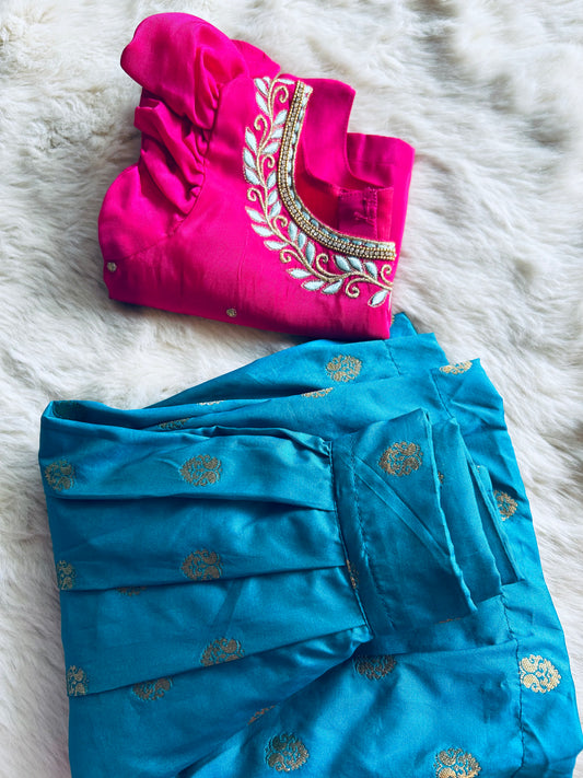 Embroideried pink blouse with blue silk langa for baby girl, ethnic wear pattu pavadai, lehenga