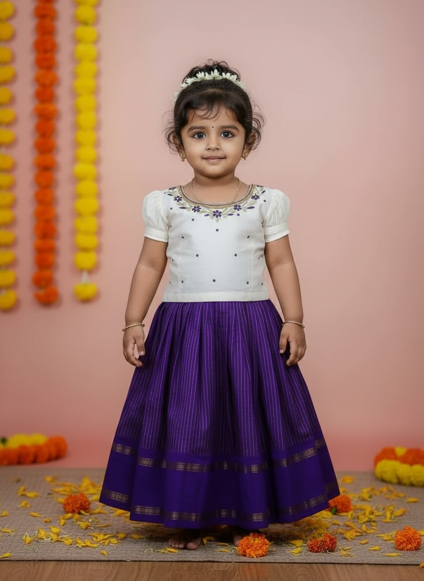 Purple Chequered Pattu Pavadai with White Embroidered Blouse – Traditional Dress for Kids / baby girl