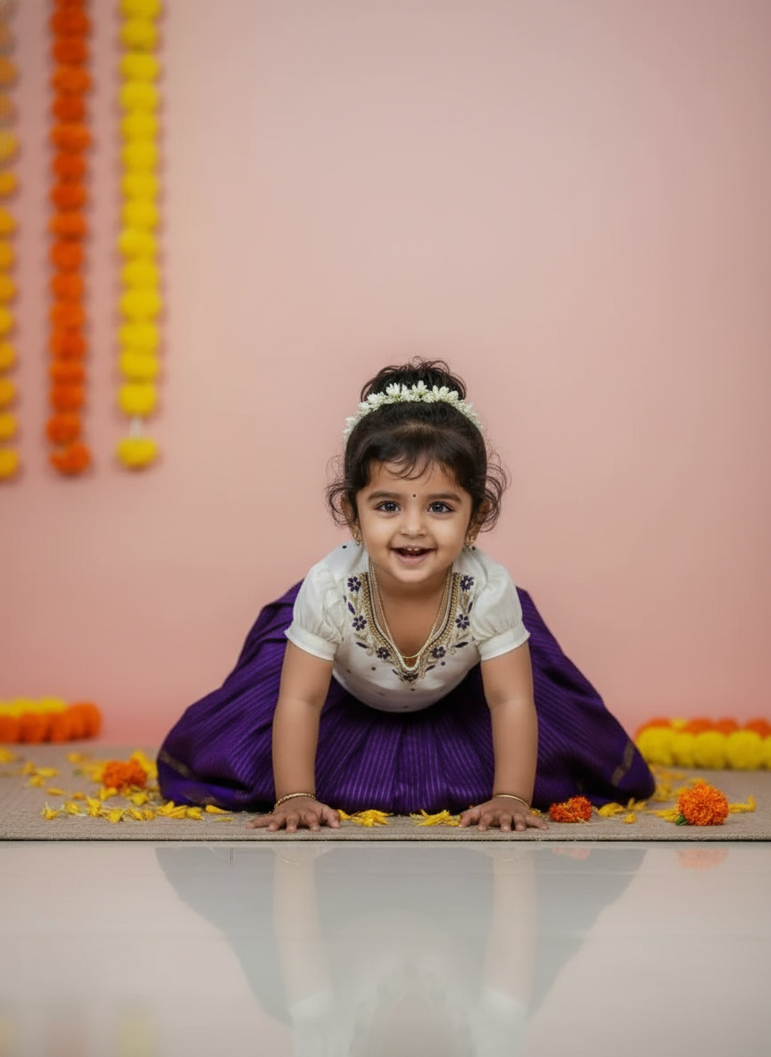 Purple Chequered Pattu Pavadai with White Embroidered Blouse – Traditional Dress for Kids / baby girl