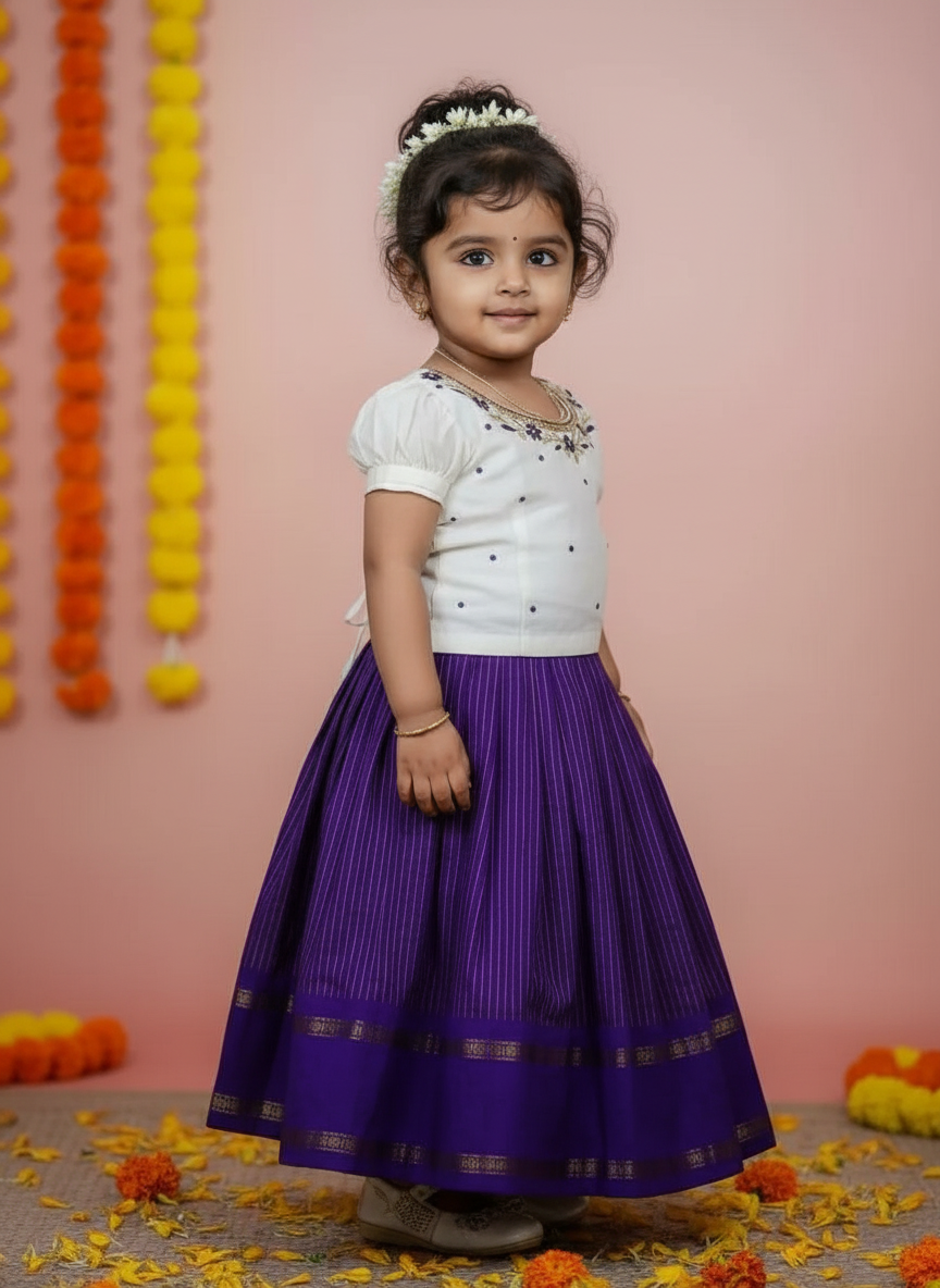 Purple Chequered Pattu Pavadai with White Embroidered Blouse – Traditional Dress for Kids / baby girl