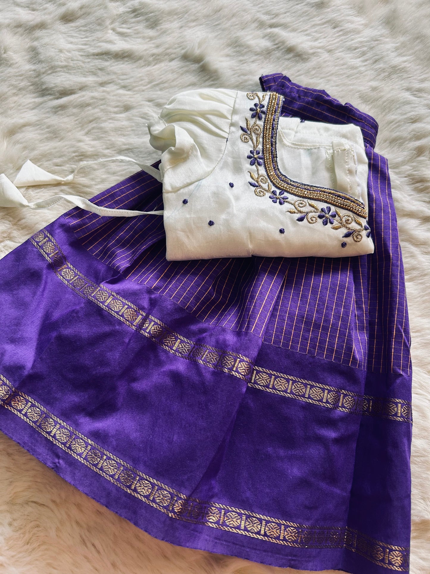 Embroidery white blouse with purple chequered langa zari border / pattu pavadai / lehenga ethnic wear for baby girl