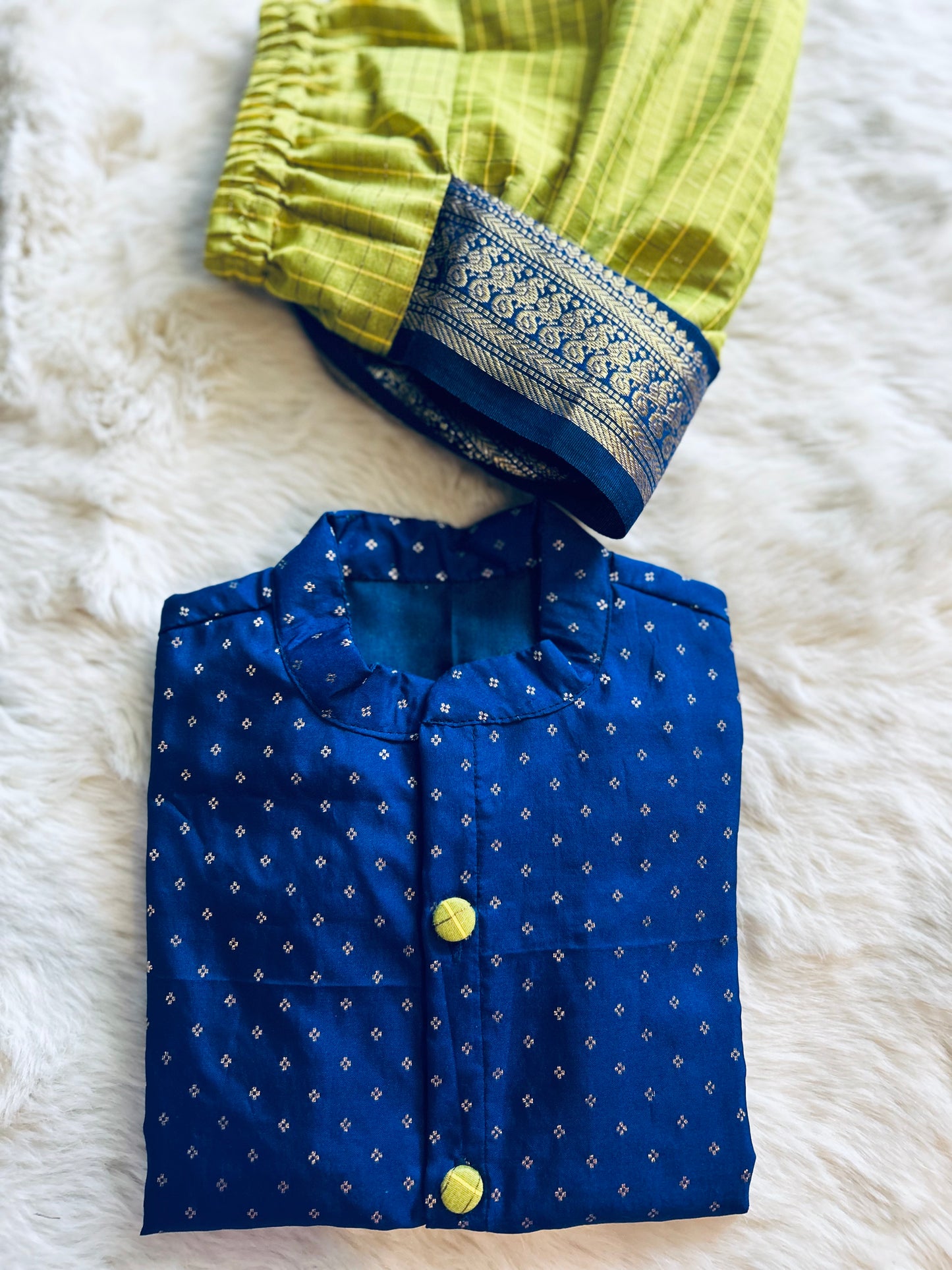 Green and navy blue embroidered kurta dhoti ethnic dress for baby boy