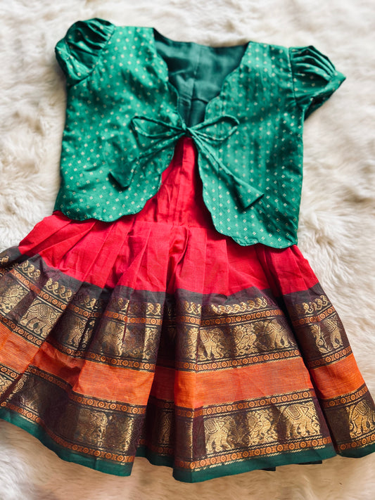 Green with red (multicolor border) frock and jacket ethnic wear for baby girl langa blouse