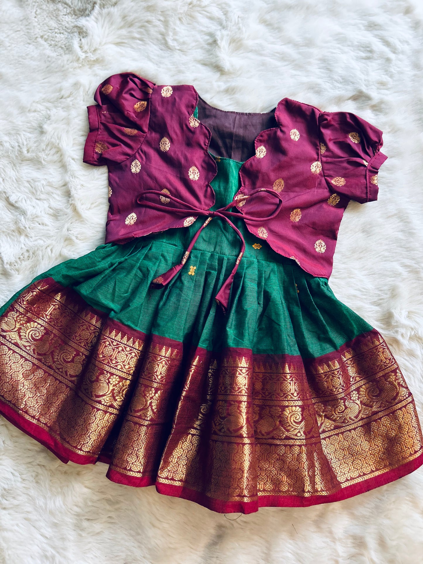 Maroon and dark green frock jacket ethnic wear for baby girl