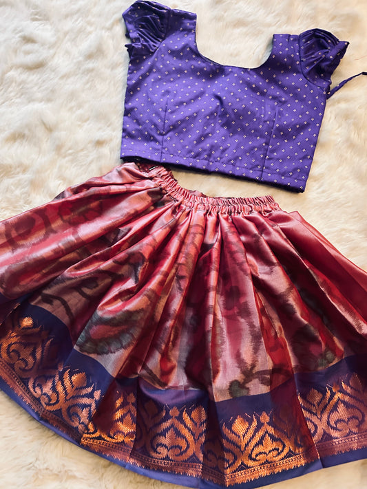 Pochampally langa with purple blouse , pattu pavada, lehenga for baby girl ethnic wear