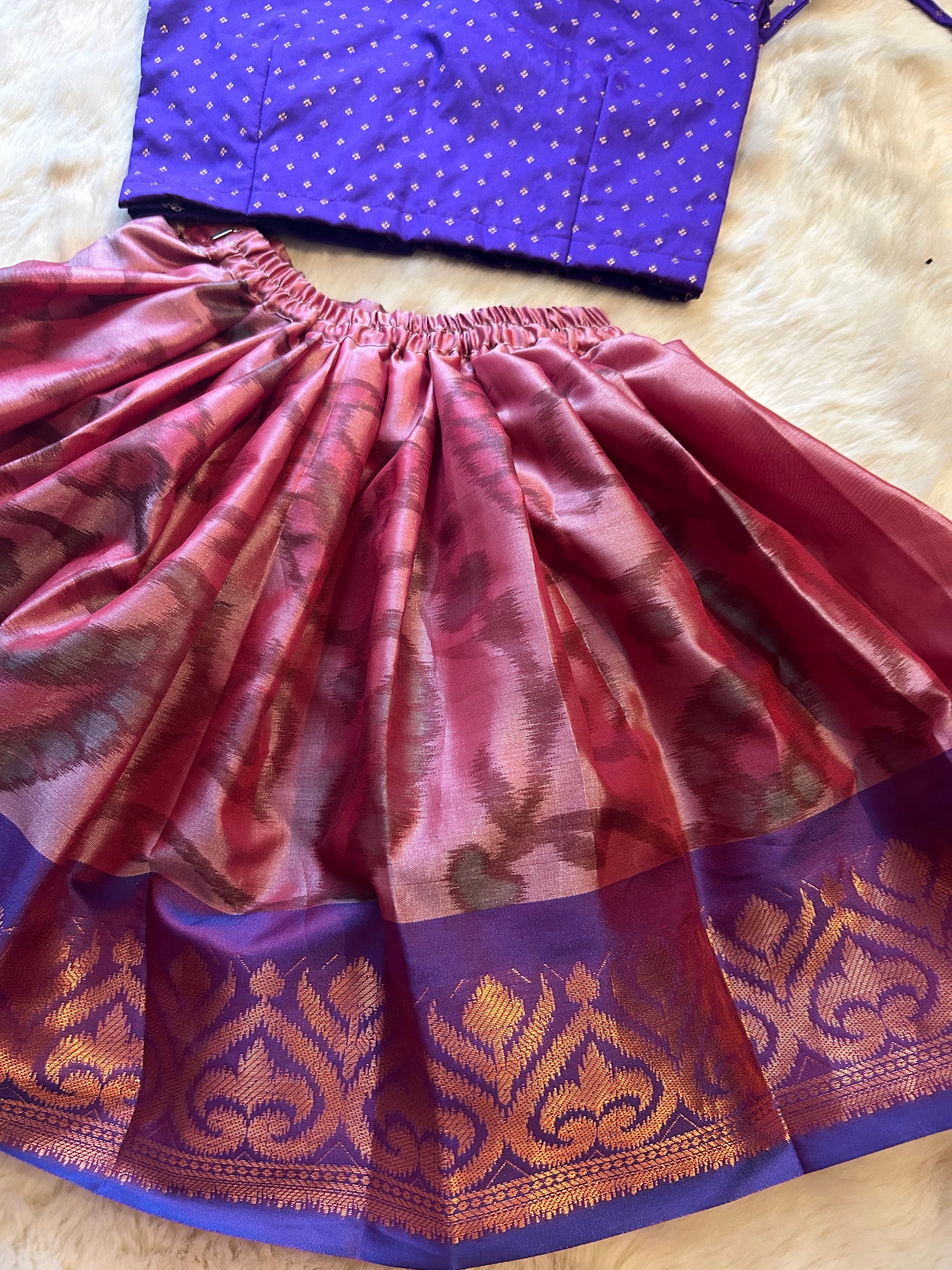 Pochampally langa with purple blouse , pattu pavada, lehenga for baby girl ethnic wear