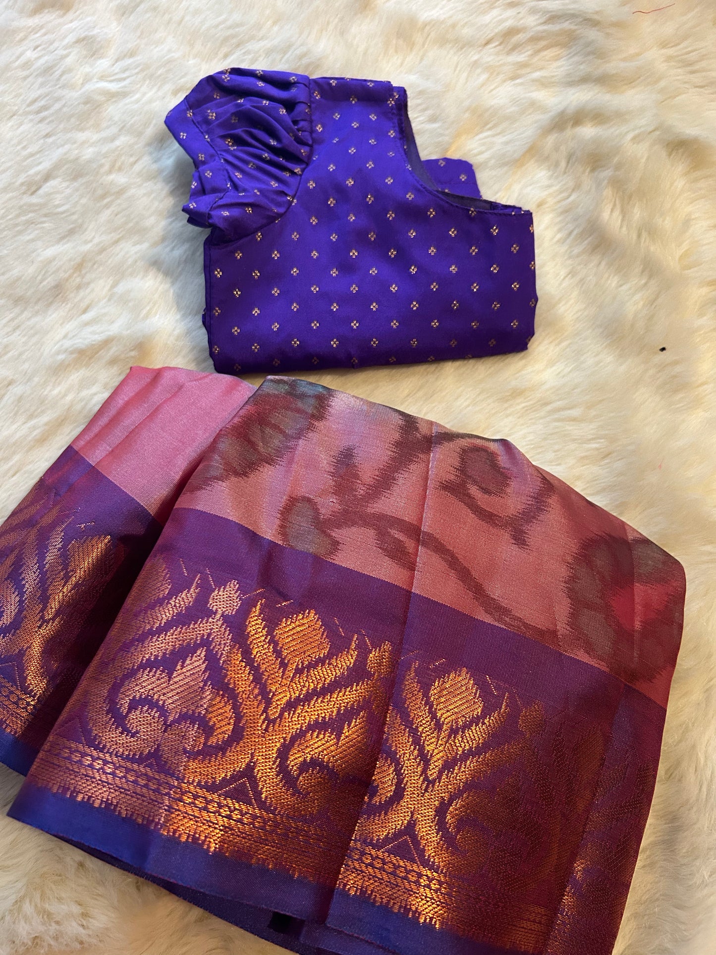 Pochampally langa with purple blouse , pattu pavada, lehenga for baby girl ethnic wear