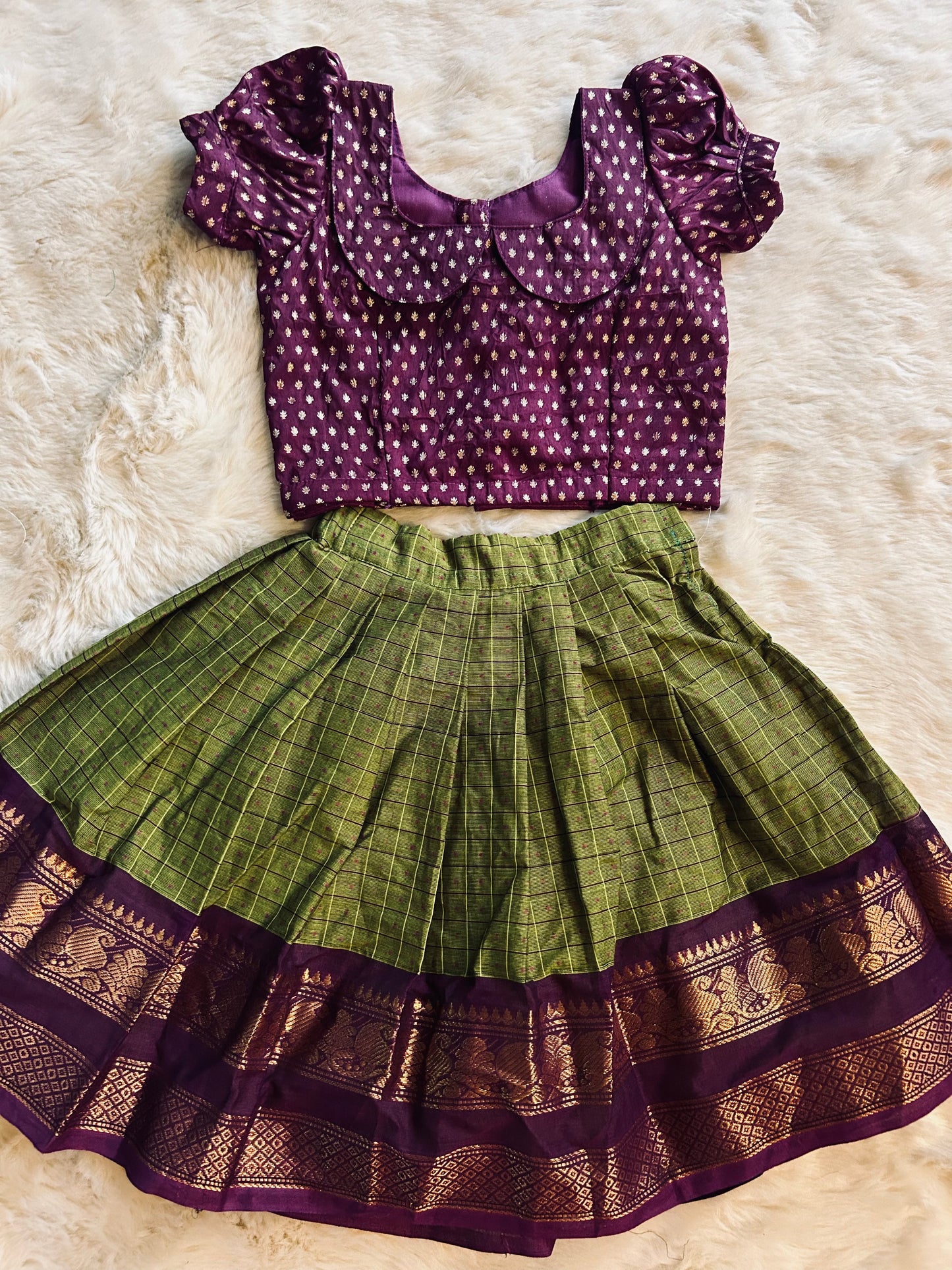 Purple wine with nature green collar neck chequered langa blouse, pattu pavadai, lehenga for baby girl