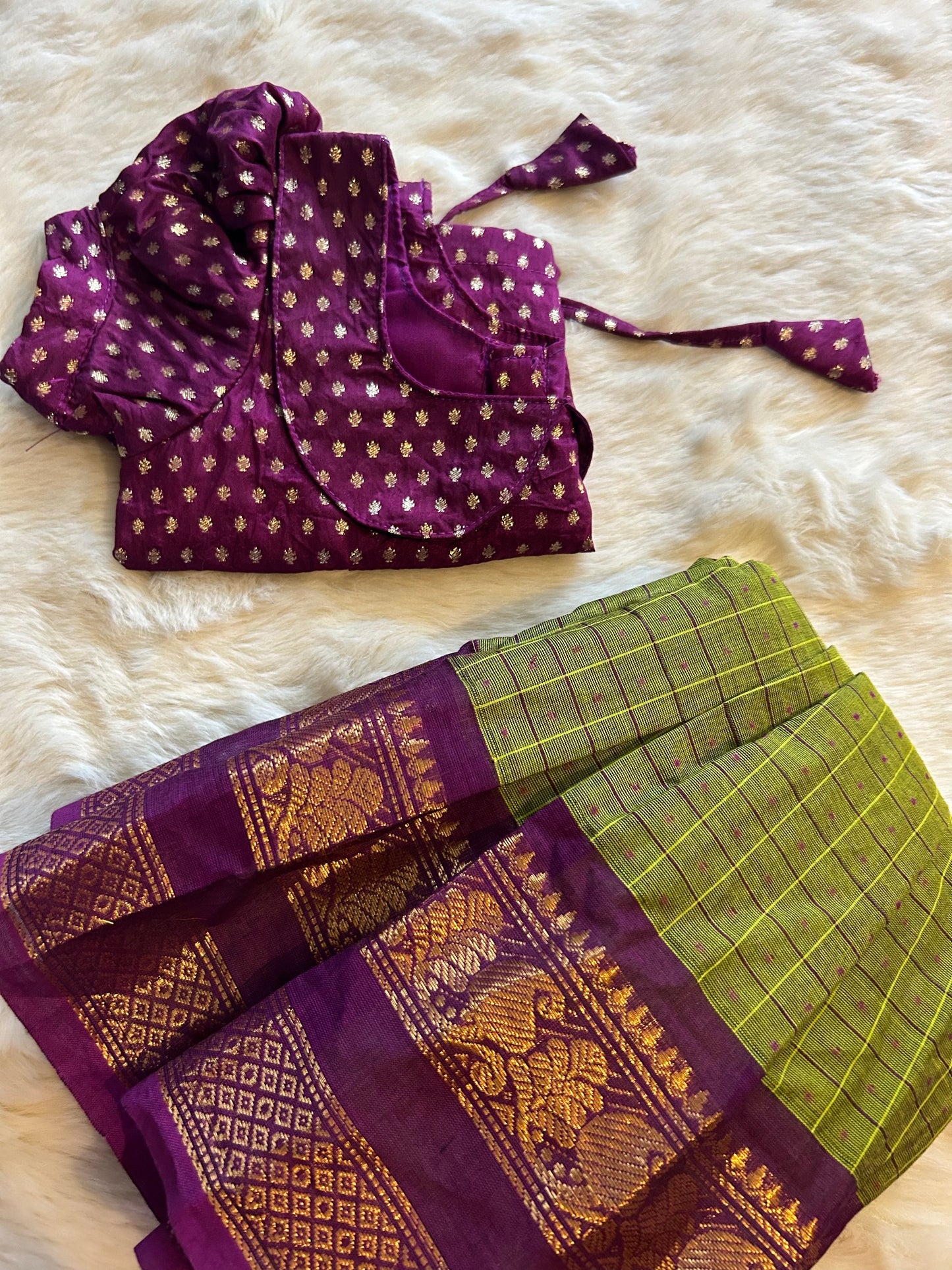 Purple wine with nature green collar neck chequered langa blouse, pattu pavadai, lehenga for baby girl