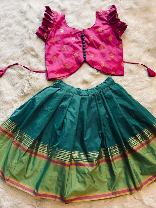 Beautiful pink with greens langa blouse, pattu pavadai, lehenga for baby girl