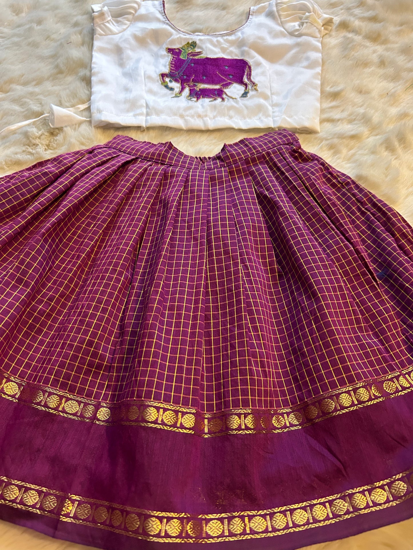 Wine with white beautiful cow embroidery langa blouse, pattu pavadai, lehenga for baby girl