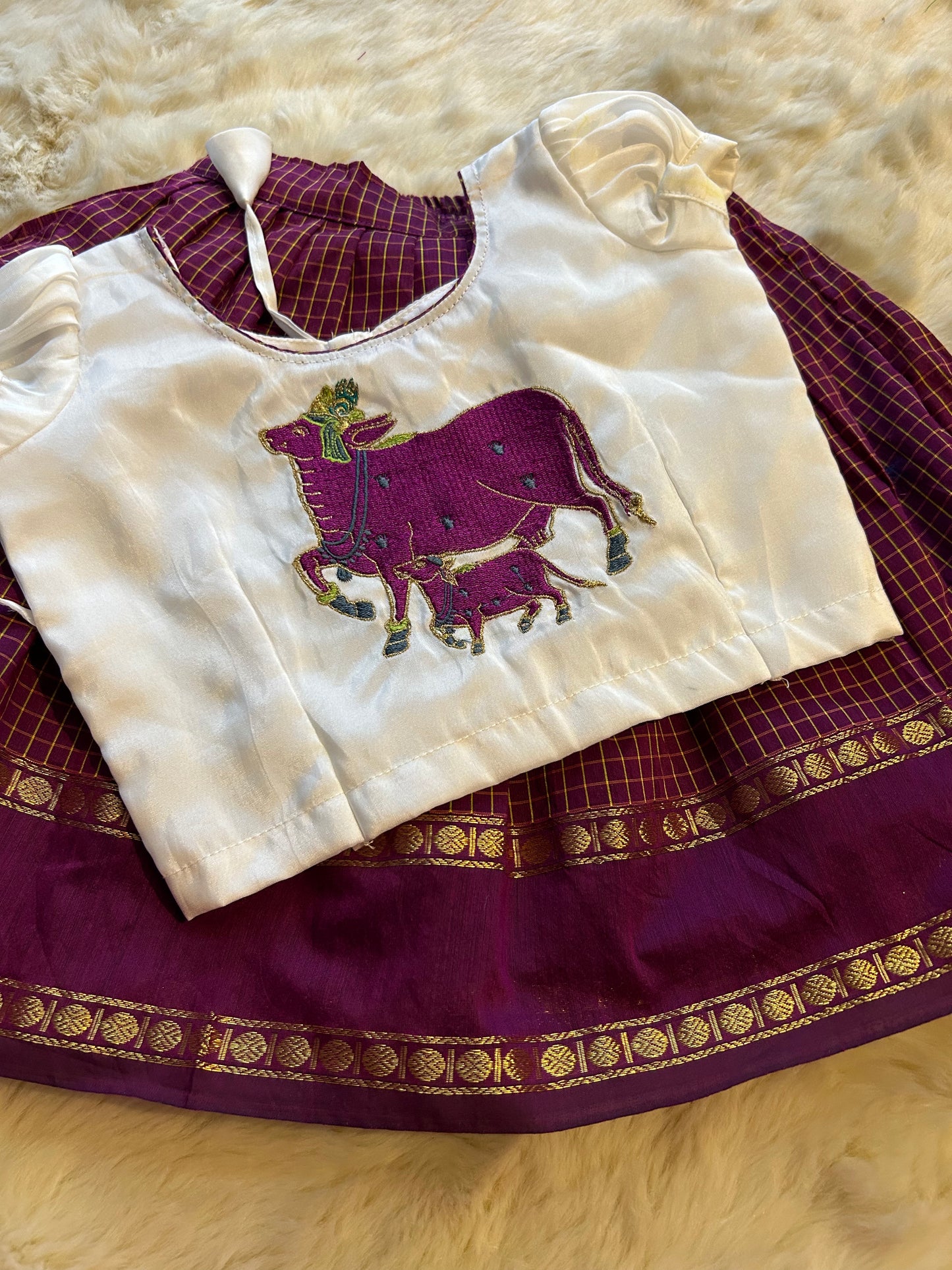 Wine with white beautiful cow embroidery langa blouse, pattu pavadai, lehenga for baby girl