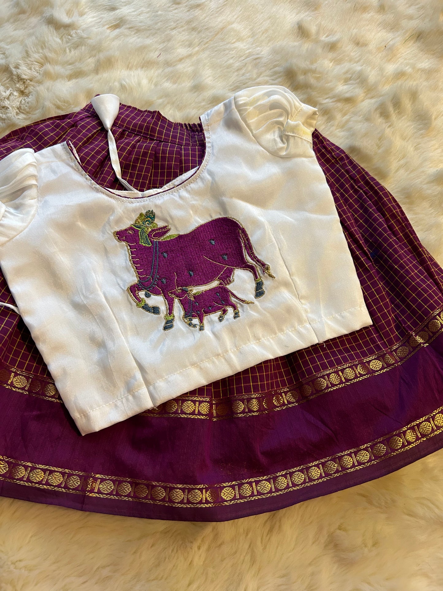 Wine with white beautiful cow embroidery langa blouse, pattu pavadai, lehenga for baby girl