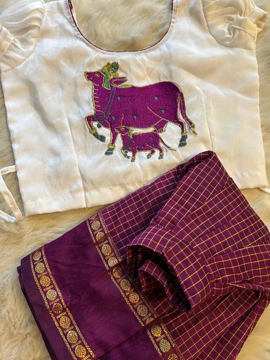 Wine with white beautiful cow embroidery langa blouse, pattu pavadai, lehenga for baby girl