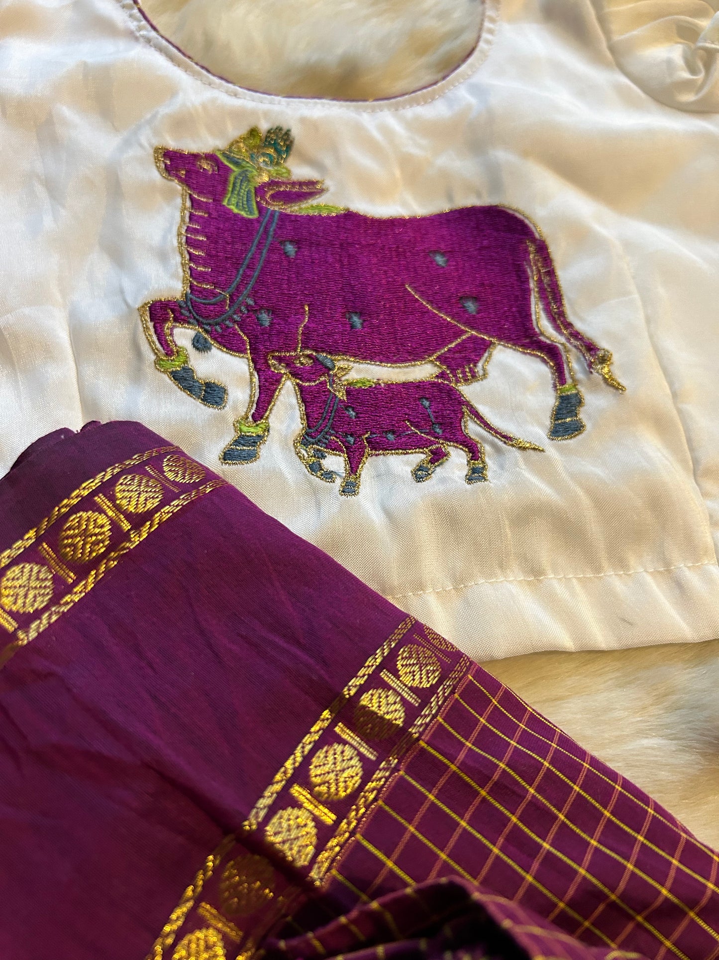 Wine with white beautiful cow embroidery langa blouse, pattu pavadai, lehenga for baby girl