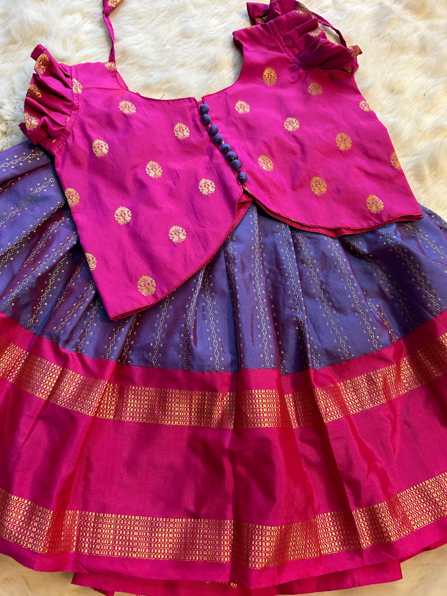 Pink and beautiful lavender silk langa blouse, pattu pavadai, lehenga for baby girl