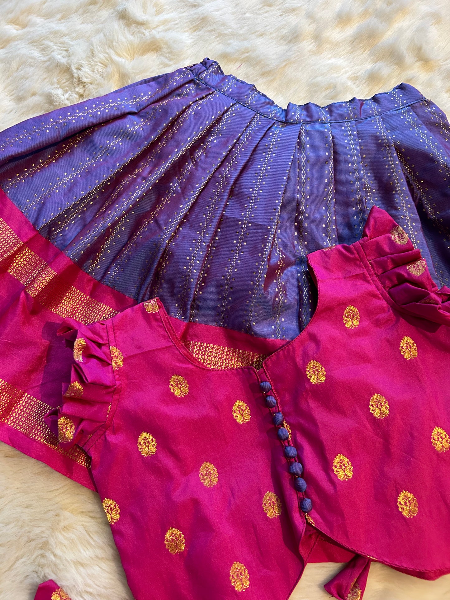 Pink and beautiful lavender silk langa blouse, pattu pavadai, lehenga for baby girl