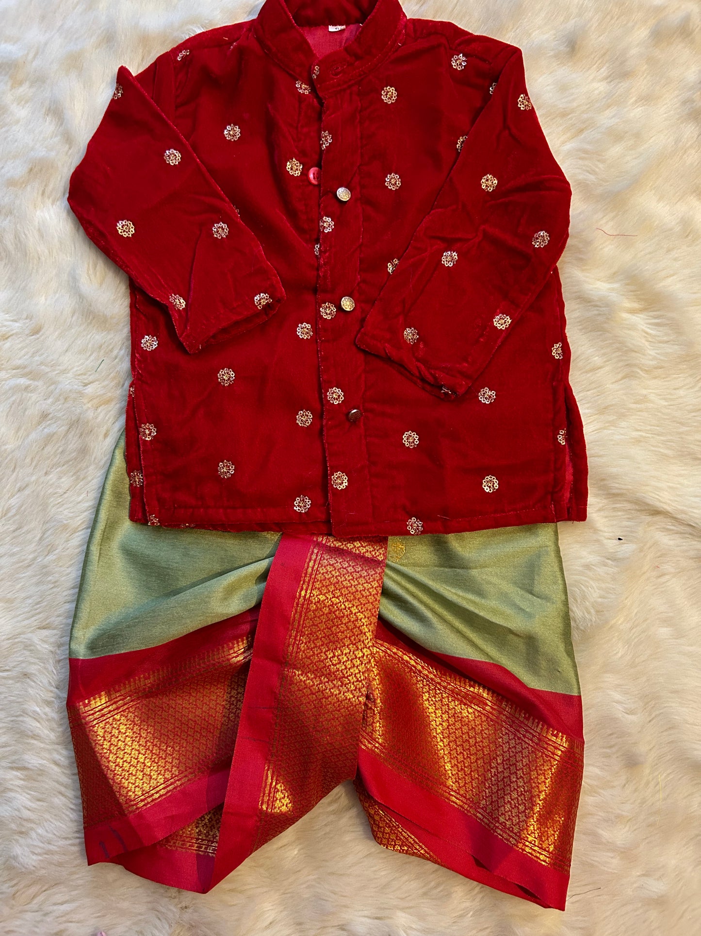 Velvet Red and saraswati color kurta dhoti ethnic wear for baby boy