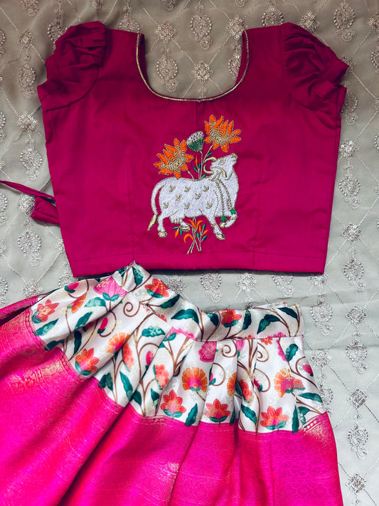 Kalamkari langa with pink beautiful kamadenu cow embroidery blouse , pattu pavadai, lehenga for baby girl ethnic wear