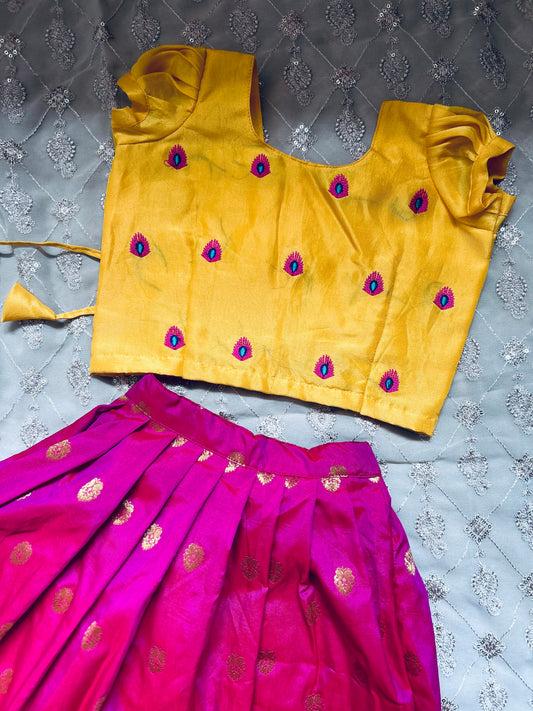 Radha dress peacock pattern and pattu pavadai, lehenga, langa blouse yellow and pink ethnic wear for baby girl