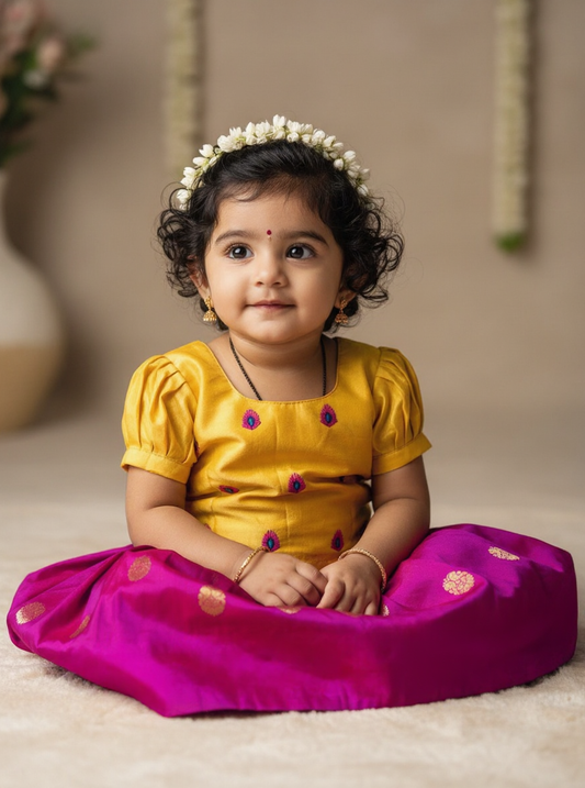 Radha dress peacock pattern and pattu pavadai, lehenga, langa blouse yellow and pink ethnic wear for baby girl