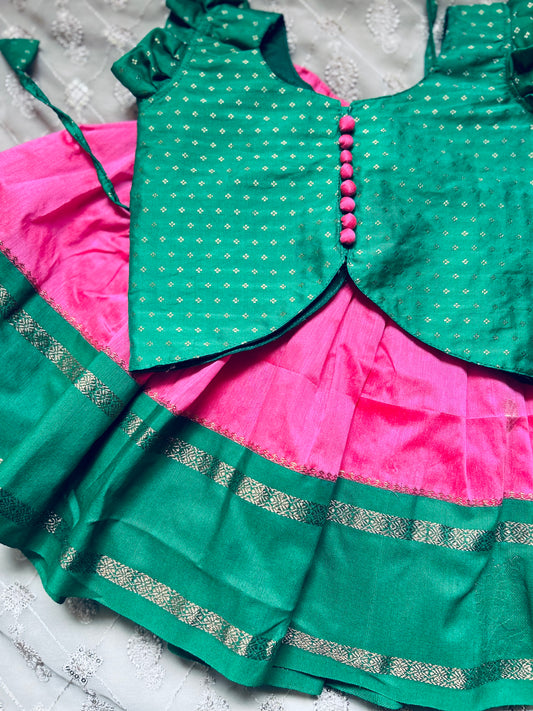 pink with green beautiful zari border langa blouse, pattu pavadai, lehenga for baby girl