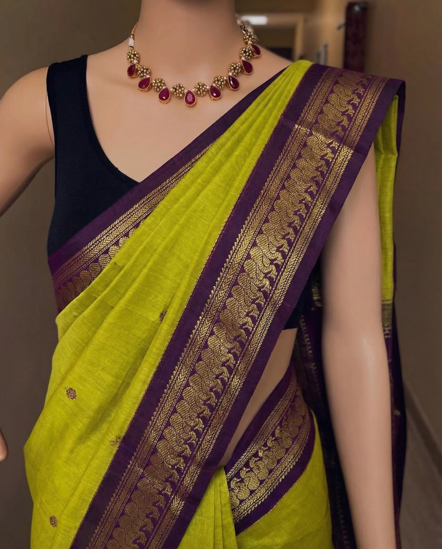 Green and wine - Premium Cotton Silk Saree with Contrast Blouse