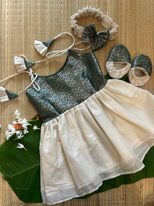 Kerala Special - Bottle green with milk white frock for festivals with head bow, shoes and undie