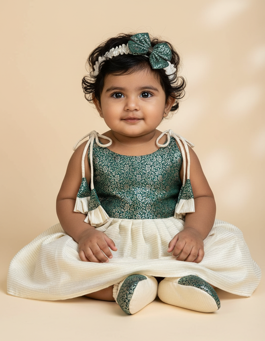 Kerala Special - Bottle green with milk white frock for festivals with head bow, shoes and undie