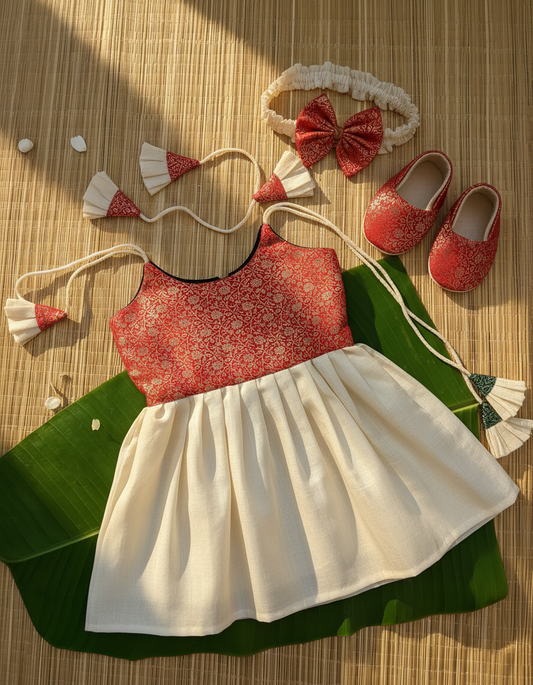 Kerala Special - red with milk white frock for festivals with head bow, shoes and undie for baby girl