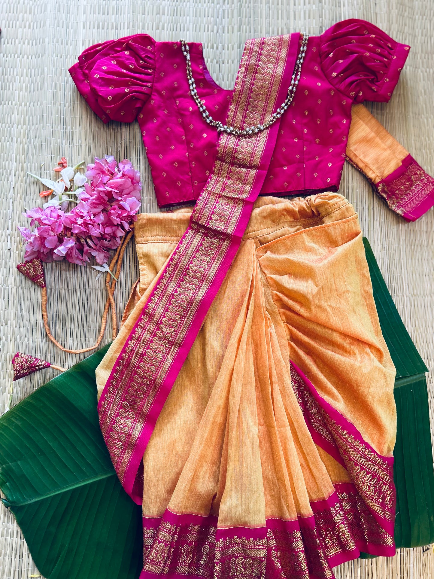 Mango yellow and festive pink  - Ready to wear saree for kids Ethnic wear for baby girl