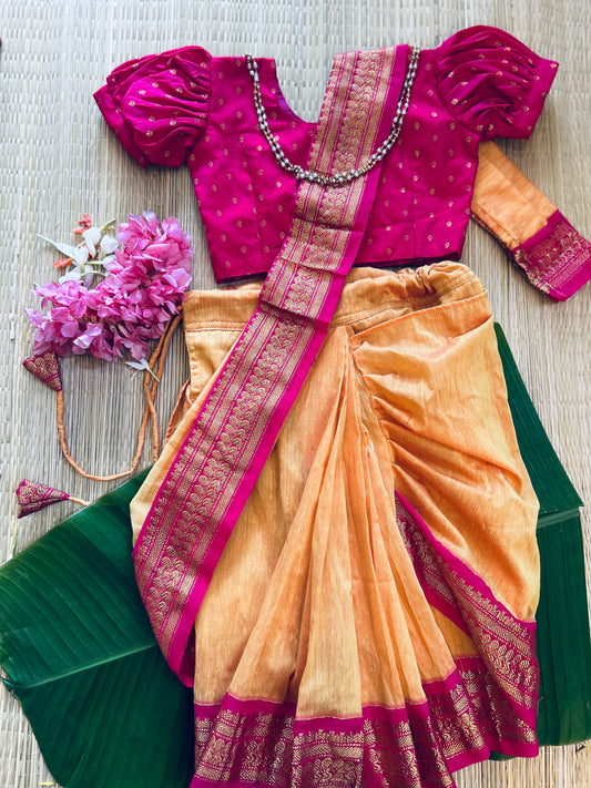 Mango yellow and festive pink  - Ready to wear saree for kids Ethnic wear for baby girl