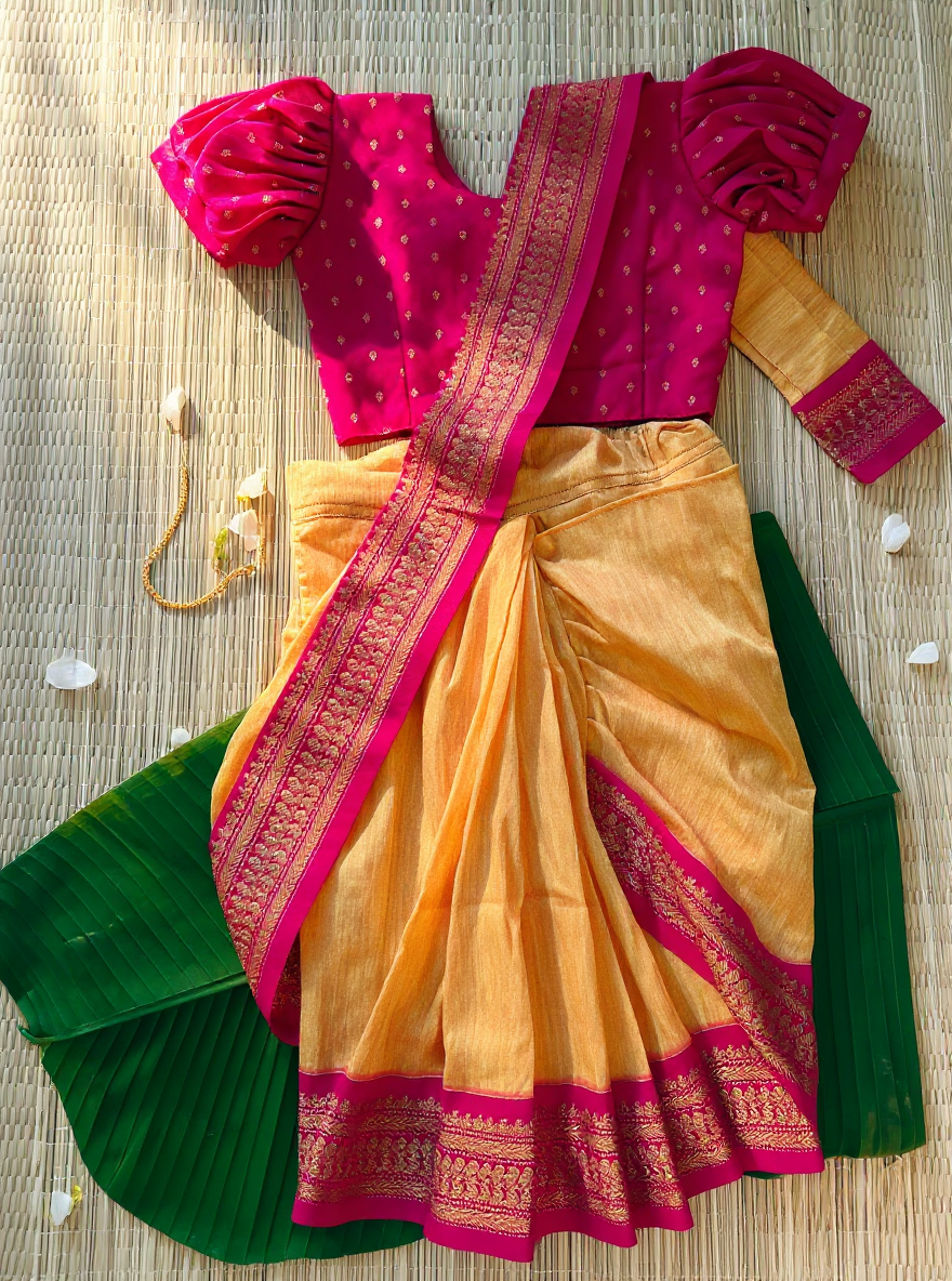 Mango yellow and festive pink  - Ready to wear saree for kids Ethnic wear for baby girl