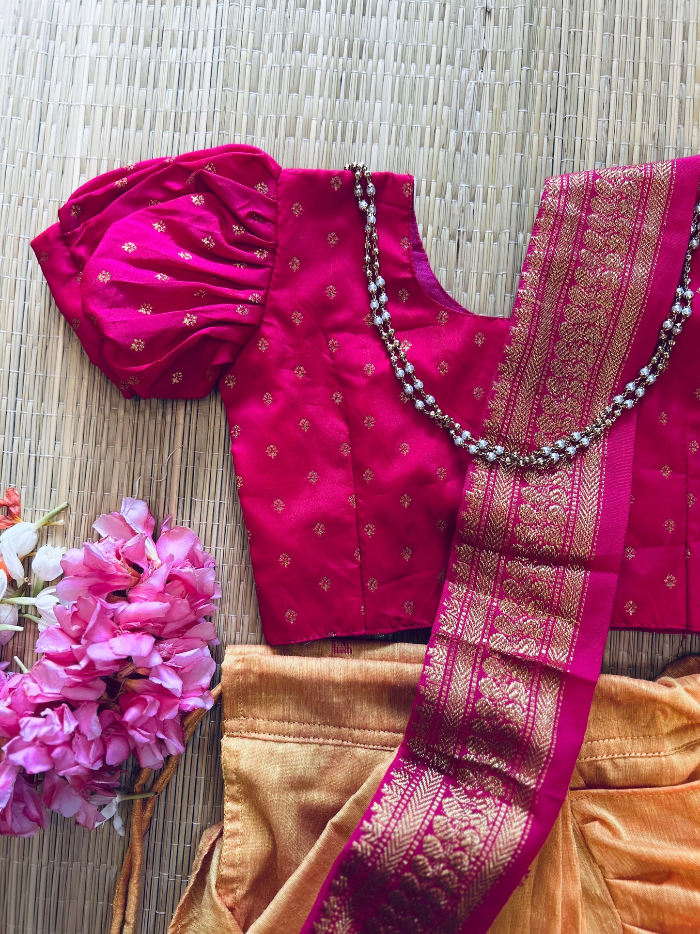 Mango yellow and festive pink  - Ready to wear saree for kids Ethnic wear for baby girl